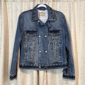 Free People Dance Party Embroidered Beaded Boho Festival Denim Jacket Women's SM